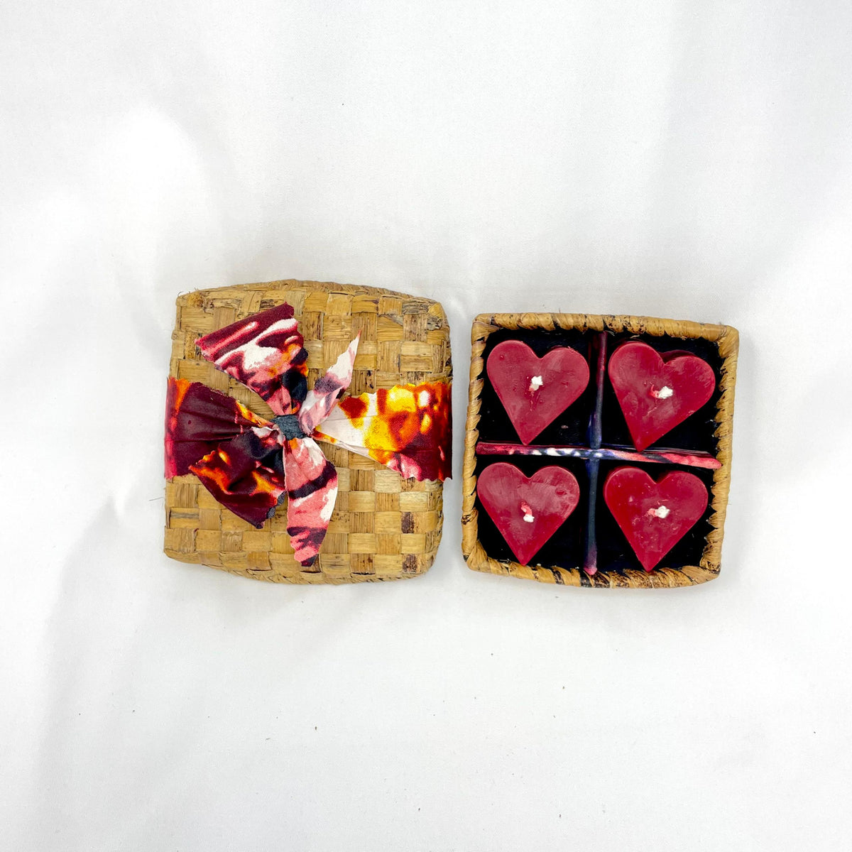 Red Hearts in a Banana Leaf Box with Kitenge bow